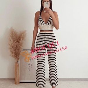 Zara Openwork High Waisted Striped Knit Pants and Matching Top